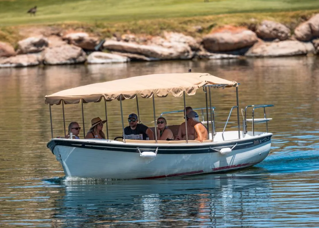 XL Duffy electric boat with guests on Lake Las Vegas