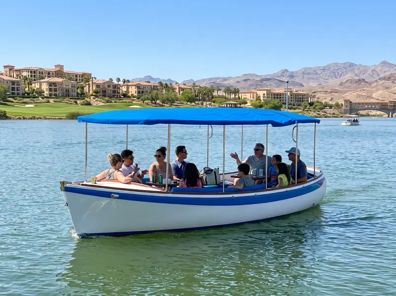 Regular electric boat with a blue canopy on Lake Las Vegas